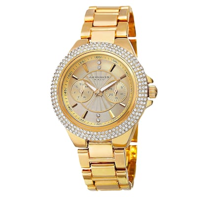 Akribos XXIV Women's Dazzling Swiss Quartz Multifunction Crystal Bezel Gold-Tone Bracelet Watch