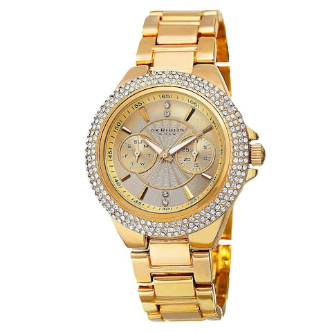 Akribos XXIV Women's Dazzling Swiss Quartz Multifunction Crystal Bezel Gold-Tone Bracelet Watch