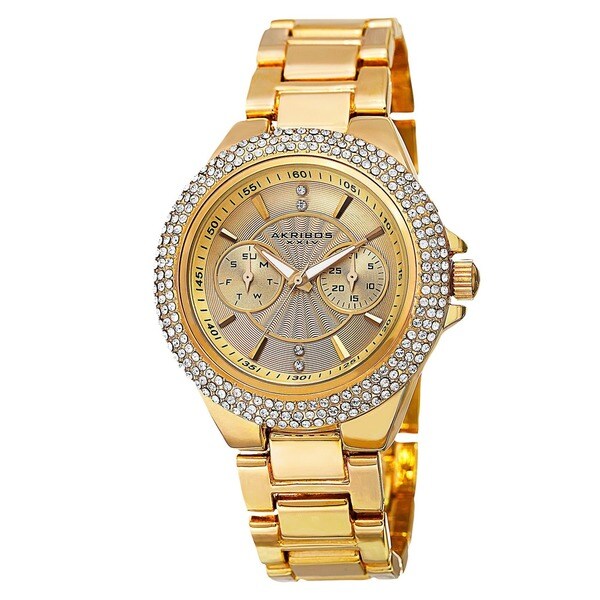 Akribos XXIV Women's Dazzling Swiss Quartz Multifunction Crystal Bezel Gold-Tone Bracelet Watch. Opens flyout.