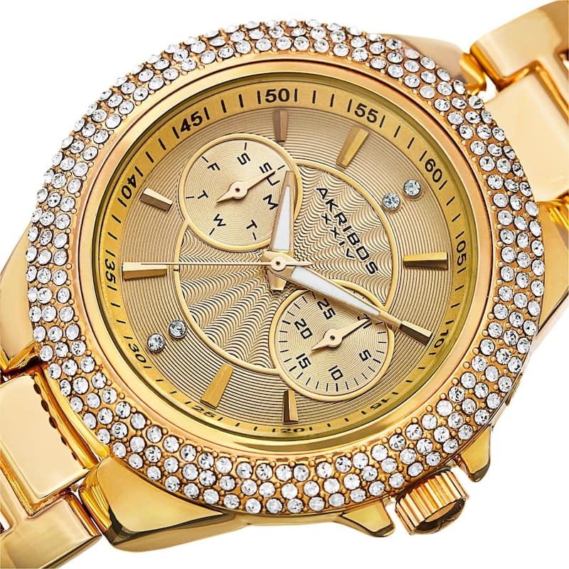 Akribos XXIV Women's Dazzling Swiss Quartz Multifunction Crystal Bezel Gold-Tone Bracelet Watch