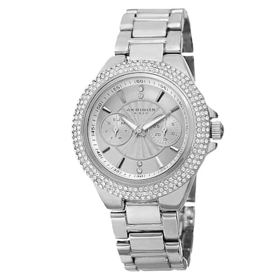 Akribos XXIV Women's Dazzling Swiss Quartz Multifunction Crystal Bezel Silver-Tone Bracelet Watch