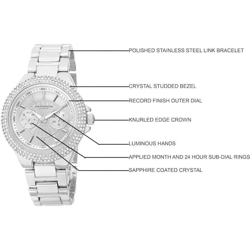 Akribos XXIV Women's Dazzling Swiss Quartz Multifunction Crystal Bezel Silver-Tone Bracelet Watch