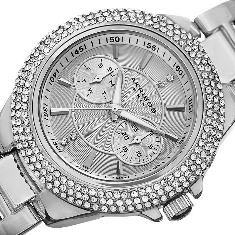 Akribos XXIV Women's Dazzling Swiss Quartz Multifunction Crystal Bezel Silver-Tone Bracelet Watch