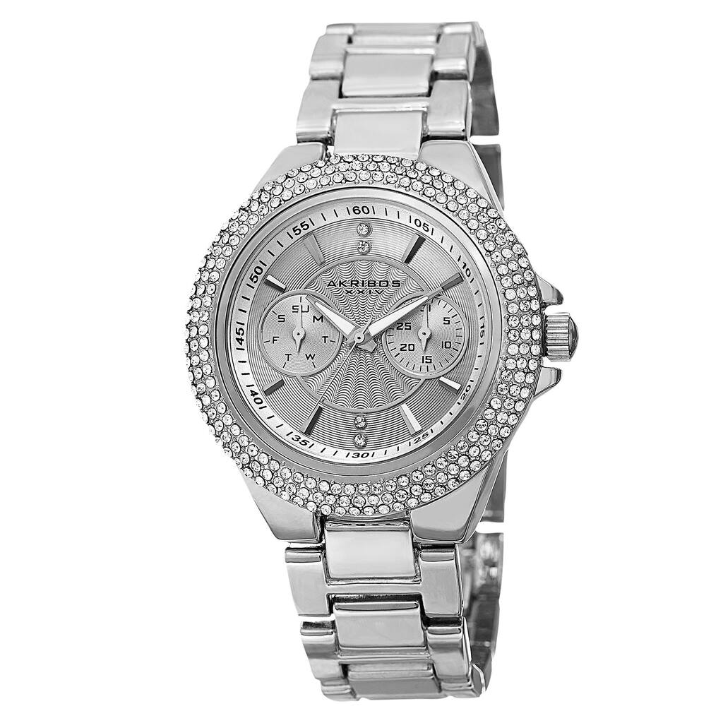 Akribos XXIV Women's Dazzling Swiss Quartz Multifunction Crystal Bezel Silver-Tone Bracelet Watch