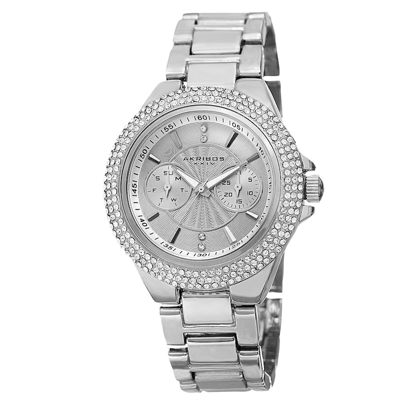 Akribos XXIV Women's Dazzling Swiss Quartz Multifunction Crystal Bezel Silver-Tone Bracelet Watch