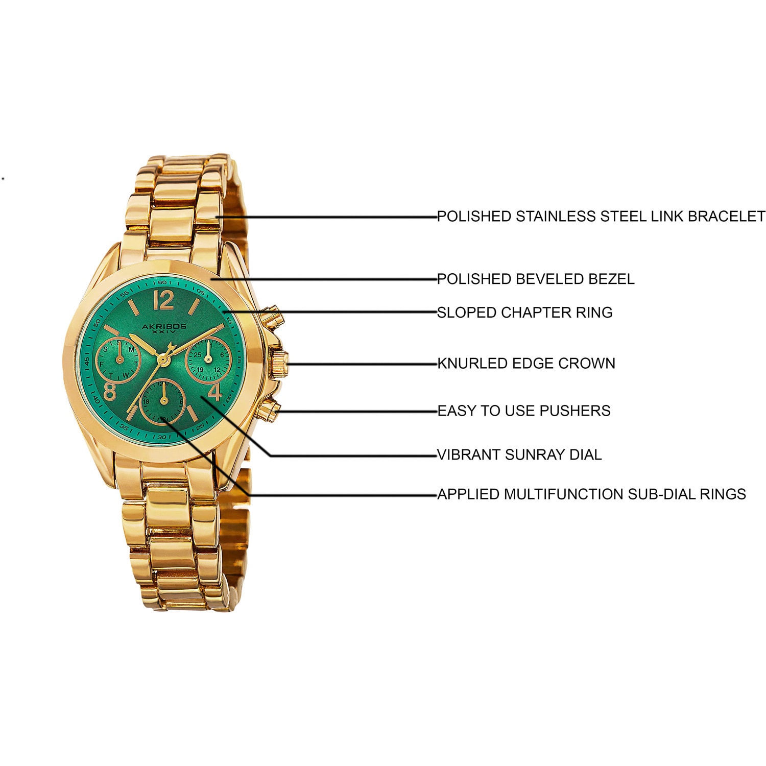 Akribos XXIV Women's Swiss Quartz Dual-Time Multifunction Gold-Tone  Bracelet Watch