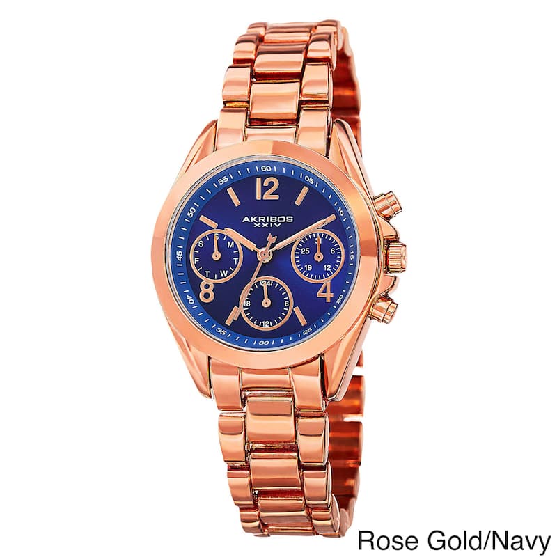 Akribos XXIV Women's Swiss Quartz Dual-Time Multifunction Gold-Tone Bracelet Watch - Rose Gold / Navy