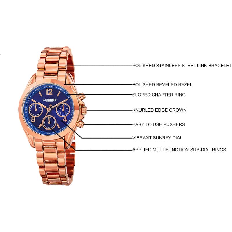 Akribos XXIV Women's Swiss Quartz Dual-Time Multifunction Rose-Tone Bracelet Watch