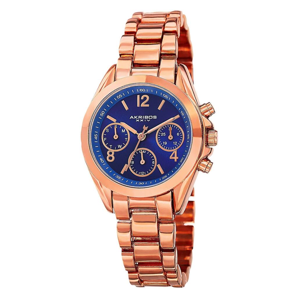 Akribos XXIV Women's Swiss Quartz Dual-Time Multifunction Rose-Tone Bracelet Watch