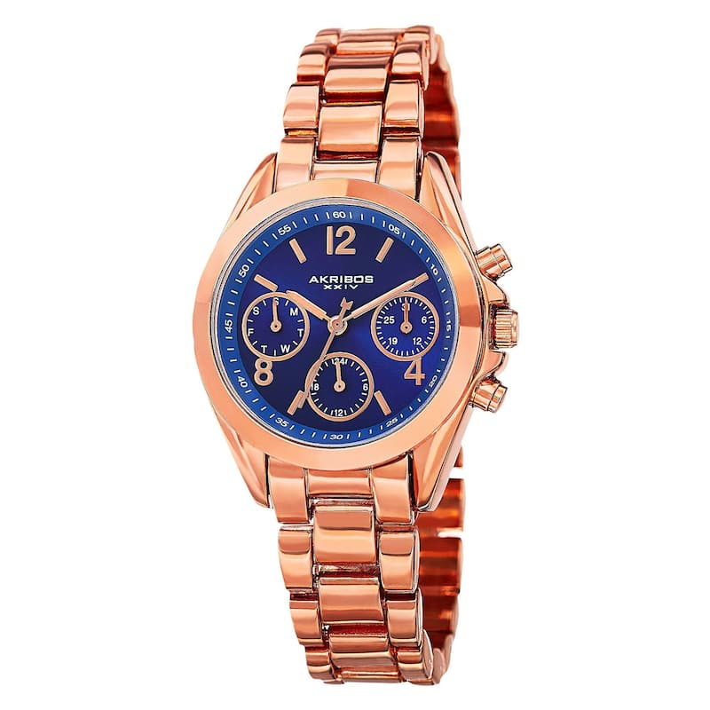 Akribos XXIV Women's Swiss Quartz Dual-Time Multifunction Rose-Tone Bracelet Watch