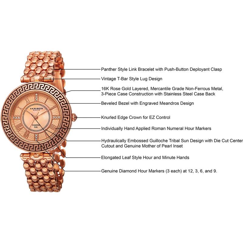 Akribos XXIV Women's Quartz Diamond Markers Unique Rose-Tone Bracelet Watch