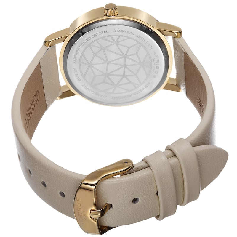 Akribos XXIV Women's Dial Quartz Crystal-Accented Leather Gold-Tone Strap Watch