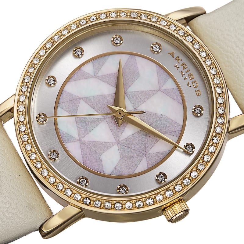 Akribos XXIV Women's Dial Quartz Crystal-Accented Leather Gold-Tone Strap Watch