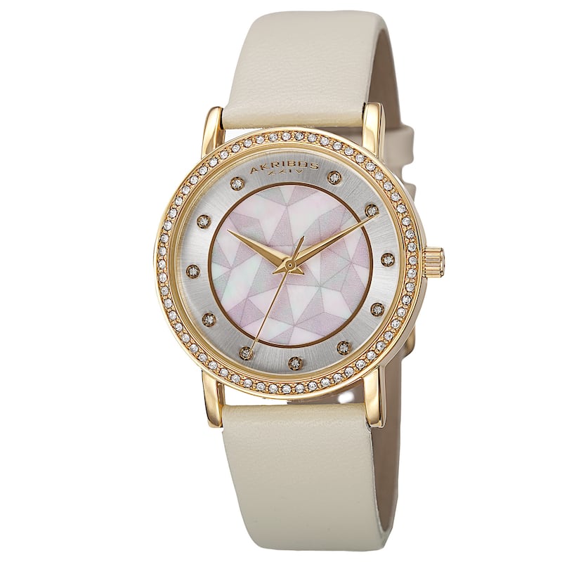 Akribos XXIV Women's Dial Quartz Crystal-Accented Leather Gold-Tone Strap Watch
