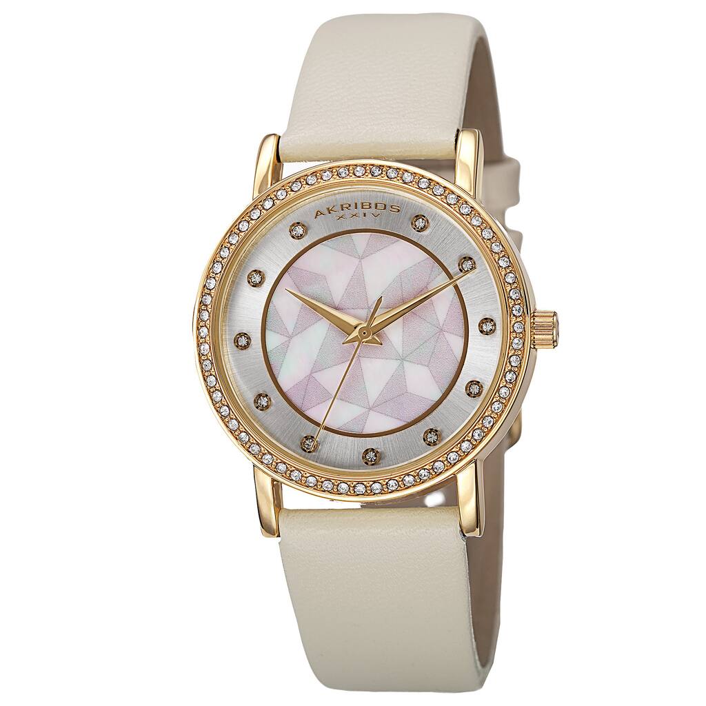 Akribos XXIV Women's Dial Quartz Crystal-Accented Leather Gold-Tone Strap Watch