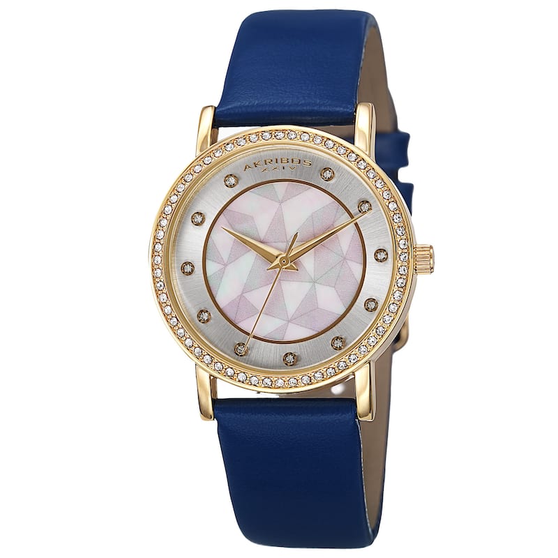 Akribos XXIV Women's Mother of Pearl Dial Crystal-Accented Leather Strap Watch - Blue Strap, Yellow Gold-tone Case