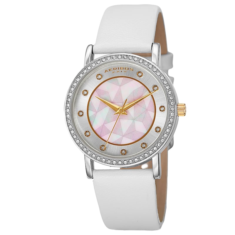Akribos XXIV Women's Mother of Pearl Dial Crystal-Accented Leather Strap Watch