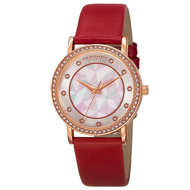 Akribos XXIV Women's Mother of Pearl Dial Crystal-Accented Leather Strap Watch