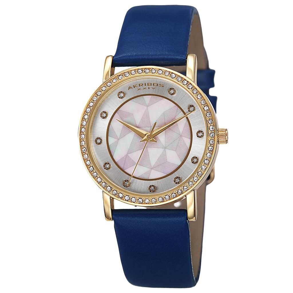 Akribos XXIV Women's Mother of Pearl Dial Crystal-Accented Leather Strap Watch