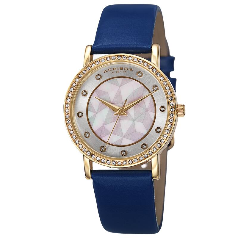 Akribos XXIV Women's Mother of Pearl Dial Crystal-Accented Leather Strap Watch
