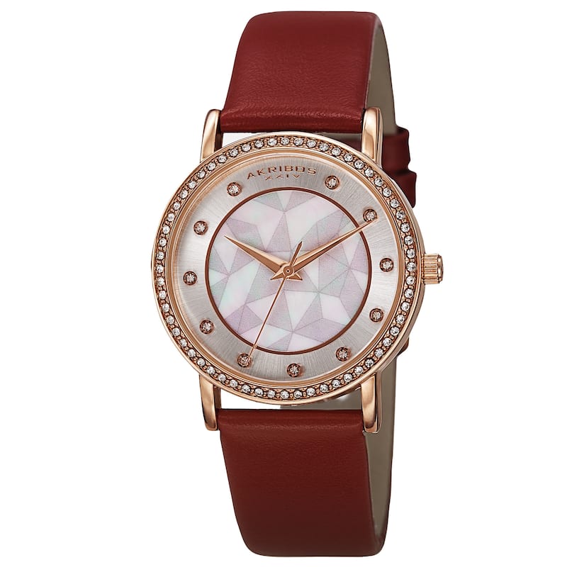 Akribos XXIV Women's Dial Quartz Crystal-Accented Leather Red Strap Watch