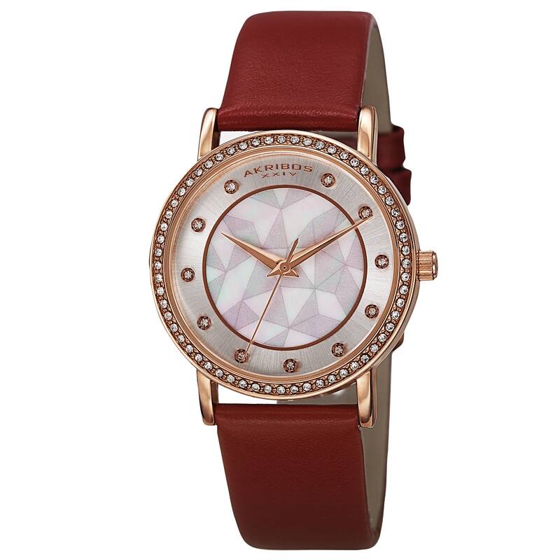 Akribos XXIV Women's Dial Quartz Crystal-Accented Leather Red Strap Watch