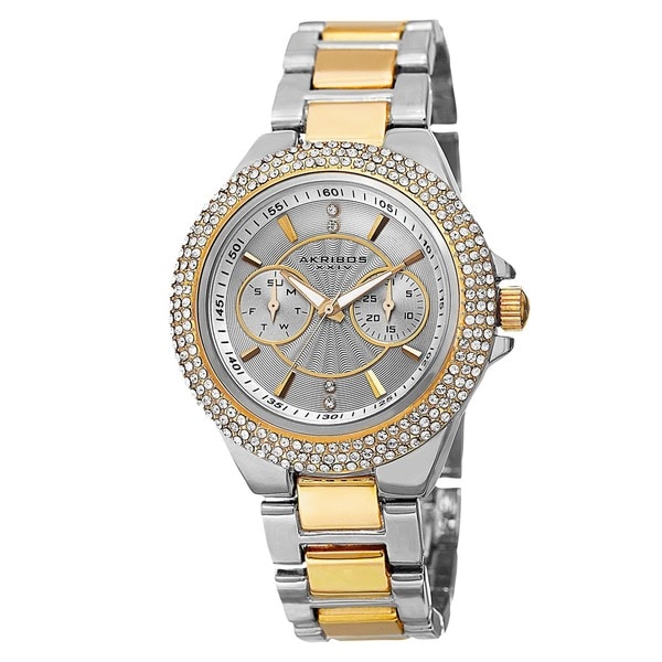 Akribos XXIV Women's Dazzling Swiss Quartz Multifunction Crystal Bezel Two-Tone Bracelet Watch. Opens flyout.