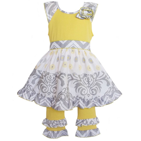 AnnLoren Boutique Girls Grey Damask/ Dots 2 piece Dress Set