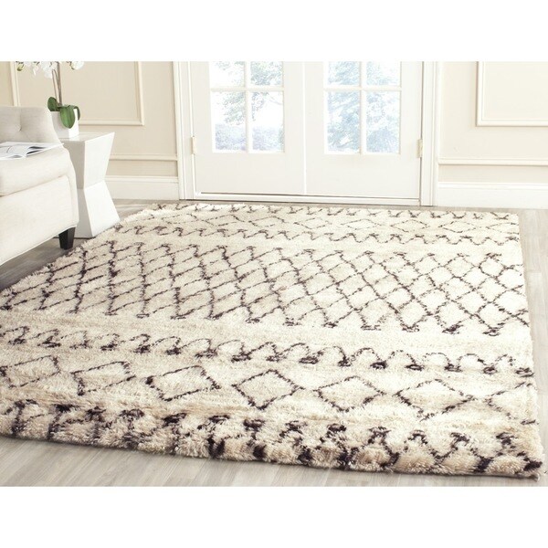 Safavieh Handmade Casablanca Moroccan Berber Flokati Shag Ivory/ Brown Wool Rug - 10' x 14'