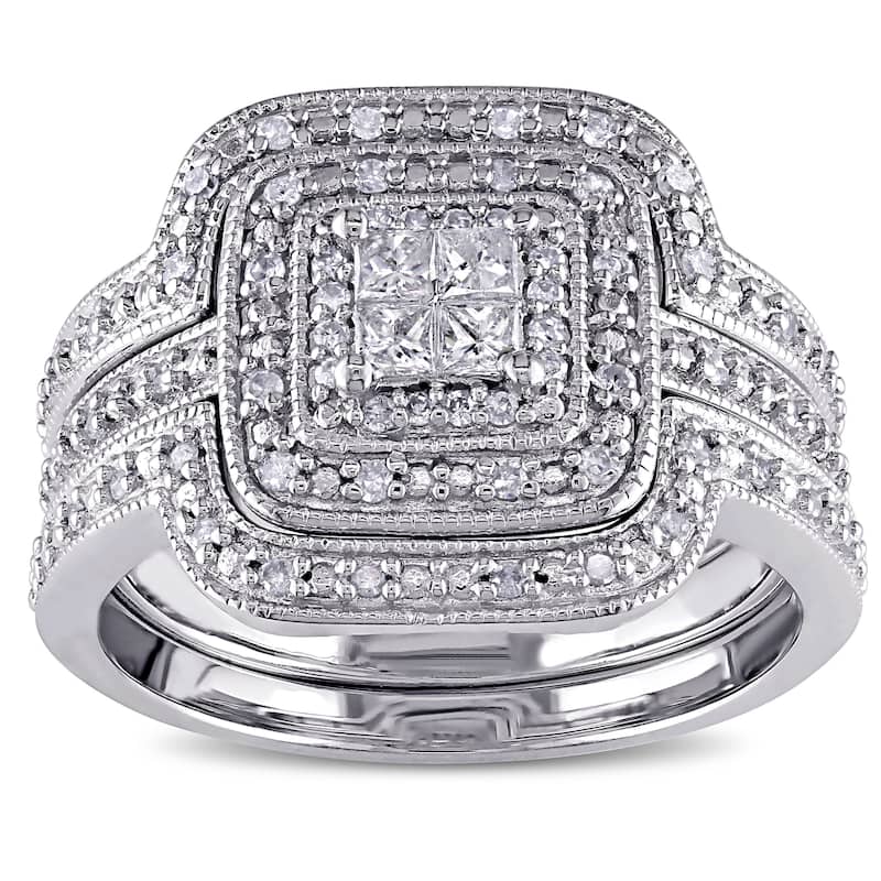 Miadora Sterling Silver 3/8ct TDW Diamond Princess-cut Halo 3-piece Bridal Ring Set