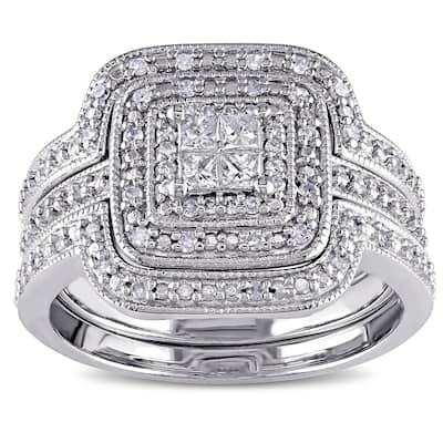Miadora Sterling Silver 3/8ct TDW Diamond Princess-cut Halo 3-piece Bridal Ring Set