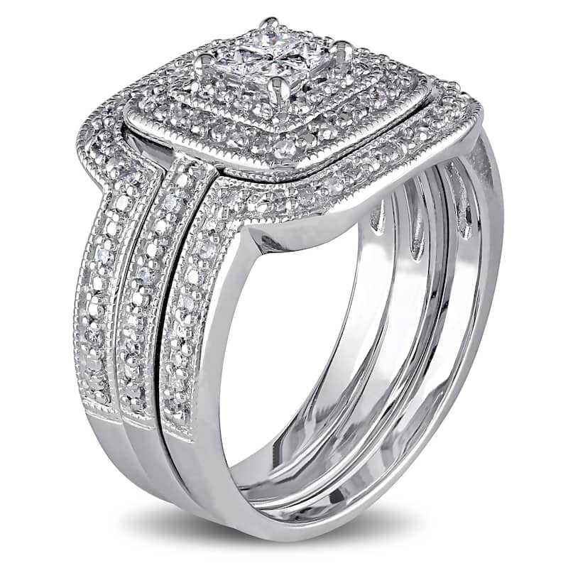 Miadora Sterling Silver 3/8ct TDW Diamond Princess-cut Halo 3-piece Bridal Ring Set