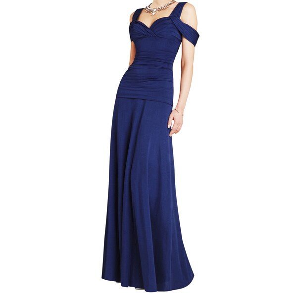 BCBG Max Azria Women's Blue Nathalie Ruched Knit Formal Evening Gown Dress