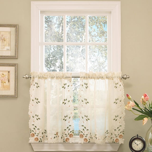 Old World Floral Embroidered Sheer Kitchen Curtain Parts- Tiers, Swags and Valances - tier pair 58 x 24