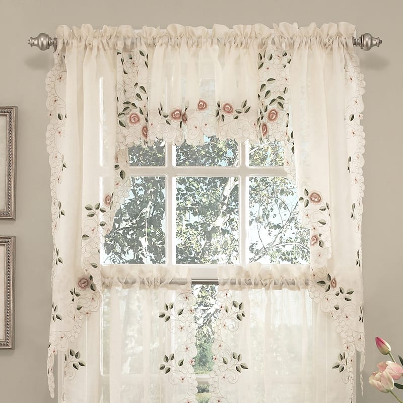 Old World Floral Embroidered Sheer Kitchen Curtain Parts- Tiers, Swags and Valances - swag pair 58 x 38