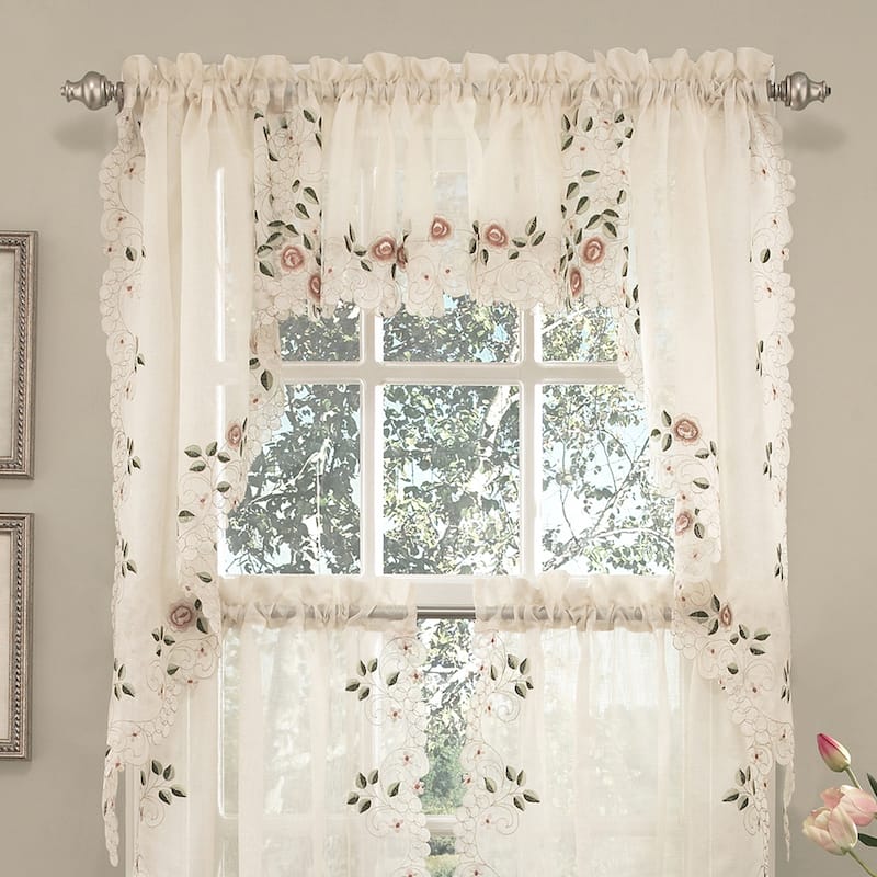 Old World Floral Embroidered Sheer Kitchen Curtain Parts- Tiers, Swags and Valances - Swag Panel Set