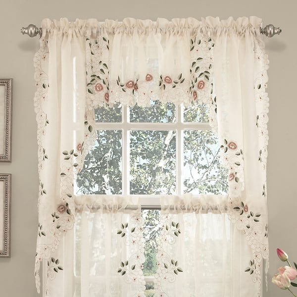 Old World Floral Embroidered Sheer Kitchen Curtain Parts- Tiers, Swags and Valances - swag pair 58 x 38