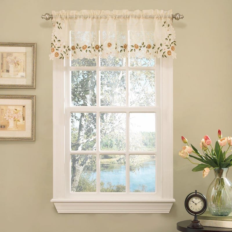 Old World Floral Embroidered Sheer Kitchen Curtain Parts- Tiers, Swags and Valances - tier pair 58 x 36