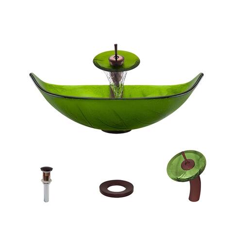 609 Colored Glass Vessel Sink, with Oil-Rubbed Bronze Vessel Faucet, Sink Ring, and Vessel Pop-up Drain
