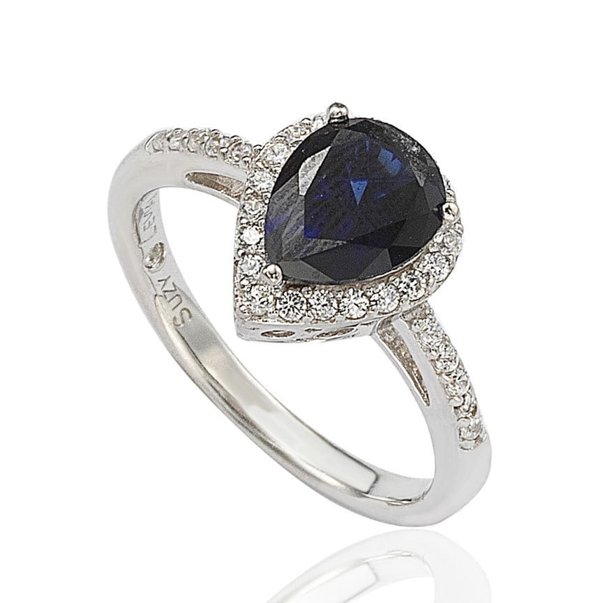 Sterling Silver Created Sapphire Cubic Zirconia Pearshaped Ring