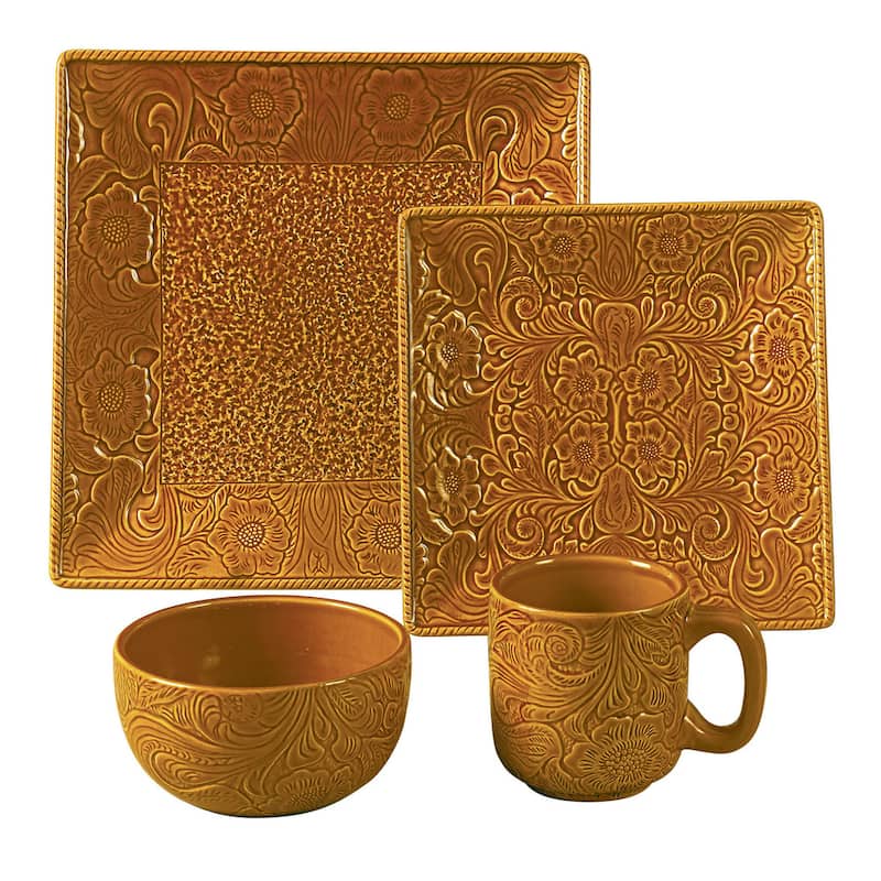 HiEnd Accents Savannah Ceramic Floral Damask Dinnerware Set, 16PC