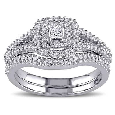 Miadora Sterling Silver 1/2ct TDW Princess and Round-Cut Diamond 2-Piece Bridal Set