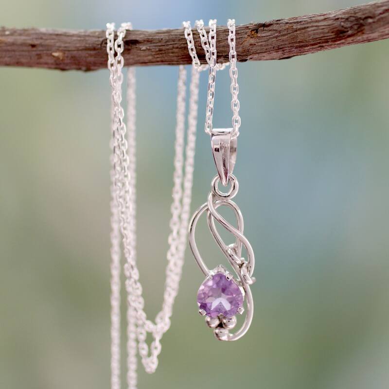 Handmade Sterling Silver 'Shy Heart' Amethyst Necklace (India)