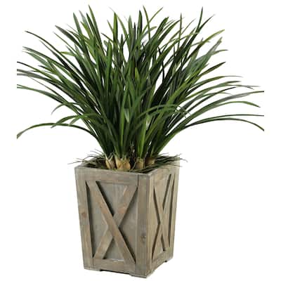 D&W Silks Green Areca Grass in Weathered Wooden Planter Box