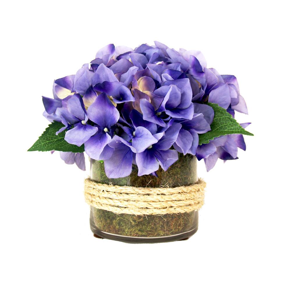 Purple Hydrangea Silk Flowers in Jute Deco Glass Vase