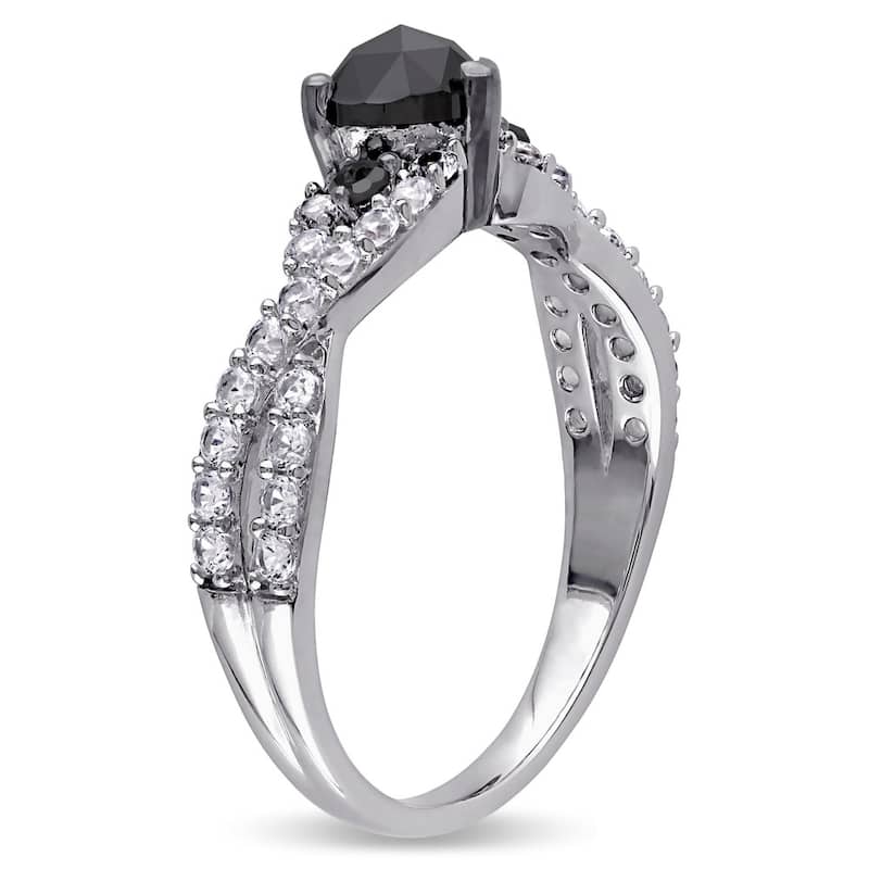Miadora Sterling Silver Created White Sapphire 3/5ct TDW Black Diamond Crossover Heart Ring