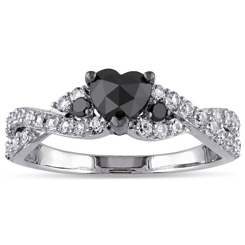 Miadora Sterling Silver Created White Sapphire 3/5ct TDW Black Diamond Crossover Heart Ring - 6