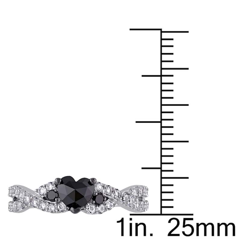 Miadora Sterling Silver Created White Sapphire 3/5ct TDW Black Diamond Crossover Heart Ring