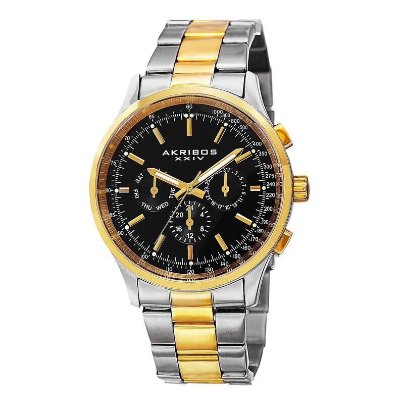 Akribos XXIV Men's Swiss Quartz Dual Time Tachymeter Stainless Steel Two-Tone Bracelet Watch