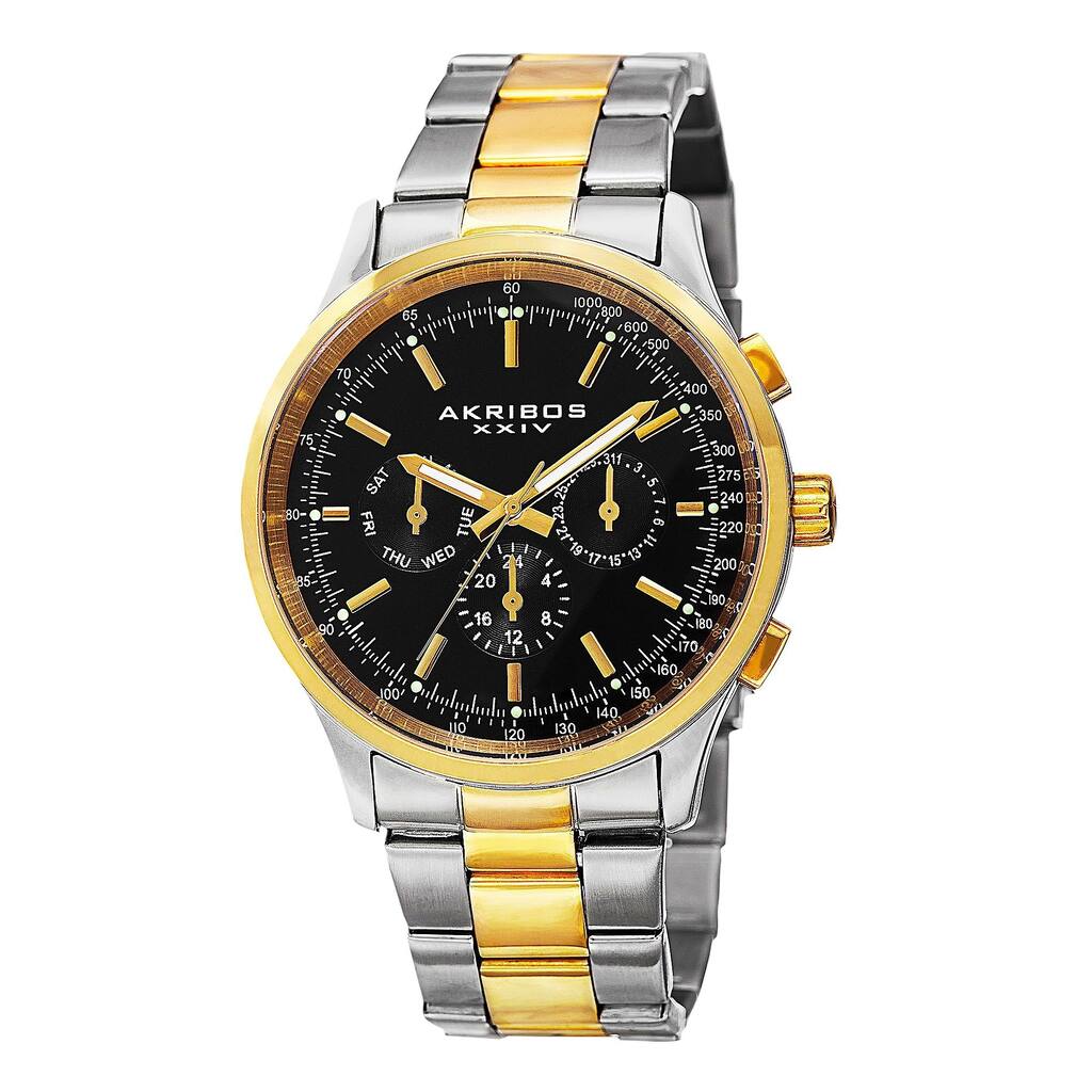 Akribos XXIV Men's Swiss Quartz Dual Time Tachymeter Stainless Steel Two-Tone Bracelet Watch